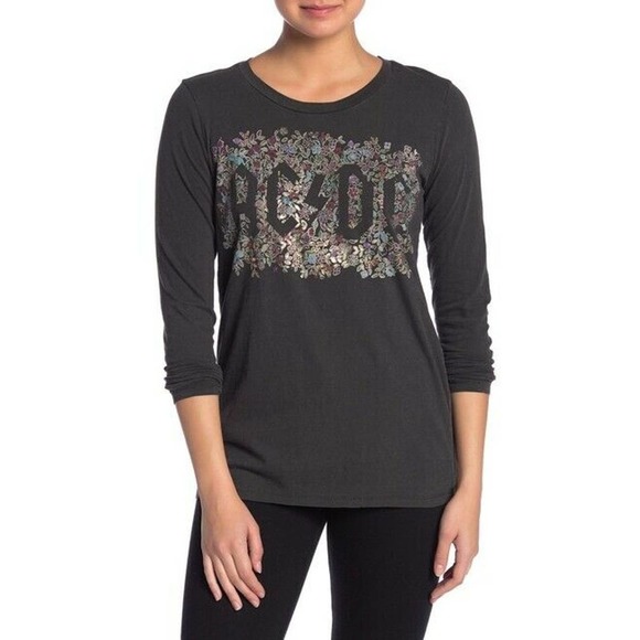 Lucky Brand M Acdc Floral Tee Long Sleeve Black Gray Gold Metallic Tshirt Top - Picture 2 of 7